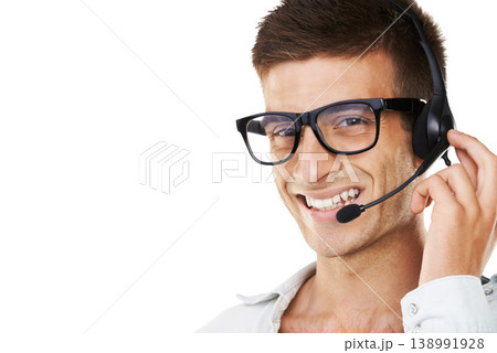 Man, smile and headset for telecommunication in studio for call centre mockup on white background in portrait. Male agent, glasses and happy for career, occupation or profession in customer service 138991928