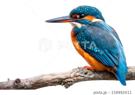 A colorful kingfisher bird perched on a branch with a white background 138992011