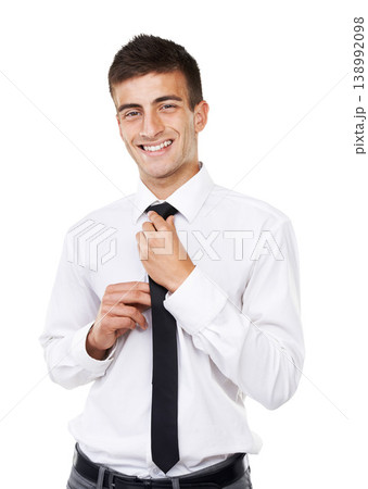 Happy businessman, portrait and professional tie in confidence against a white studio background. Young man, model or confident employee standing with smile for career ambition or mindset on mockup Happy businessman, portrait and professional tie in confidence against a white studio background. Young man, model or confident employee standing with smile for career ambition or mindset on mockup 138992098