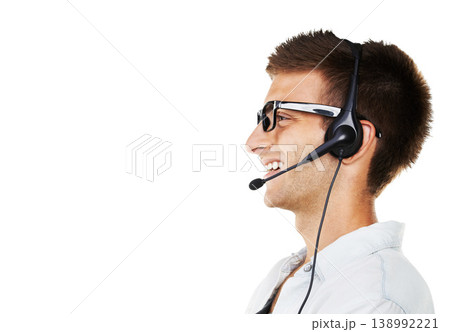 Smile, call center and thinking business man, mockup or decision isolated on white background. Vision of sales agent, telemarketing consultant and planning customer service, problem solving or crm Smile, call center and thinking business man, mockup or decision isolated on white background. Vision of sales agent, telemarketing consultant and planning customer service, problem solving or crm 138992221