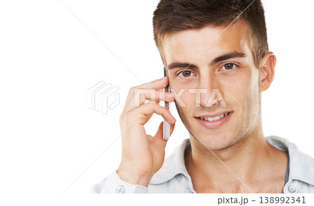 Man, portrait and phone call with space in studio for contact, networking and conversation on white background. Face of model with smartphone for mobile communication, chat and discussion at mockup Man, portrait and phone call with space in studio for contact, networking and conversation on white background. Face of model with smartphone for mobile communication, chat and discussion at mockup 138992341