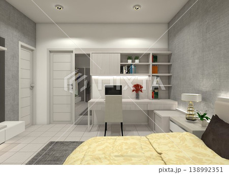 Modern minimalist bedroom with integrated workspace featuring white and soft grey cabinetry. 138992351
