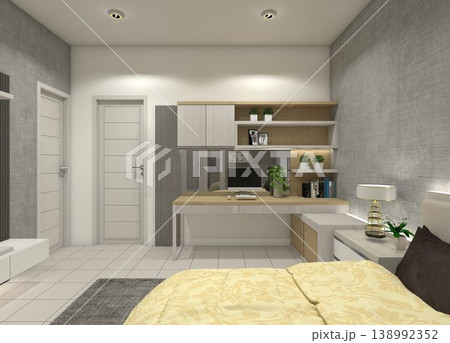 Modern minimalist bedroom interior featuring a workspace with grey wood grain and honey maple finishes. 138992352