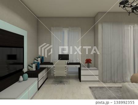 Modern minimalist 3D interior of a bedroom featuring a workspace placed by the window. 138992355