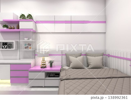 Modern Minimalist Girls Bedroom Interior with Single Bed and Pink Accents - 3D Rendering 138992361
