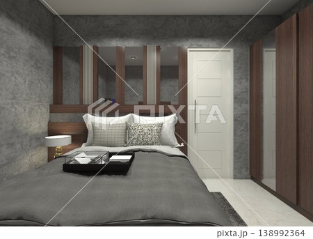 Traditional Dark Master Bedroom Interior with Dark Wood and Grey Accents - 3D Rendering 138992364