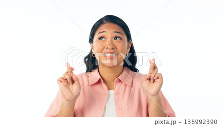 Hope, excited and woman with fingers crossed, winning and faith isolated on a white studio background. Person, girl and model with hand gesture, emoji and optimism with wish, mockup space or giveaway Hope, excited and woman with fingers crossed, winning and faith isolated on a white studio background. Person, girl and model with hand gesture, emoji and optimism with wish, mockup space or giveaway 138992390