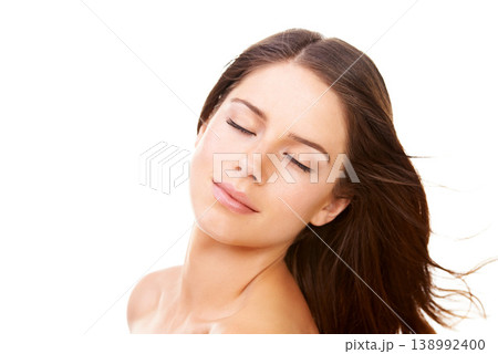 Woman, face or eyes closed with smile in studio for hair care, keratin treatment and healthy texture. Person, beauty or skincare with confidence, facial glow or shine and cosmetic on white background Woman, face or eyes closed with smile in studio for hair care, keratin treatment and healthy texture. Person, beauty or skincare with confidence, facial glow or shine and cosmetic on white background 138992400