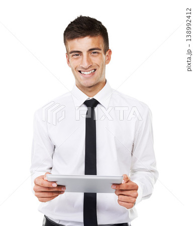 Business man, portrait and smile with tablet in studio for research, information or update software on white background. Happy worker with digital technology for social media, internet network or app 138992412