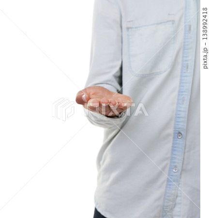 Closeup, hand and presentation in studio for mockup of offer, announcement or deal on white background. Person, alone and gesture for advertising in marketing of choice, decision or option in space 138992418