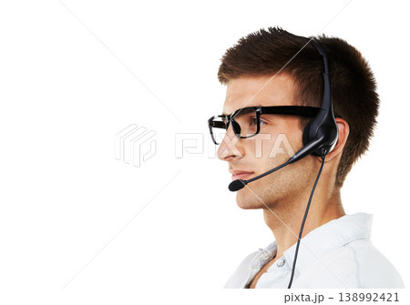 Serious, call center and thinking business man, mockup or decision isolated on white background. Vision of sales agent, telemarketing consultant and planning customer service, problem solving or crm 138992421