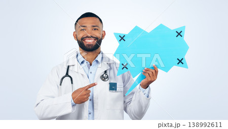 Doctor, speech bubble and communication mockup, chat poster or healthcare translation, forum and voice in studio. Portrait of african man pointing to medical quote or questions on a white background 138992611