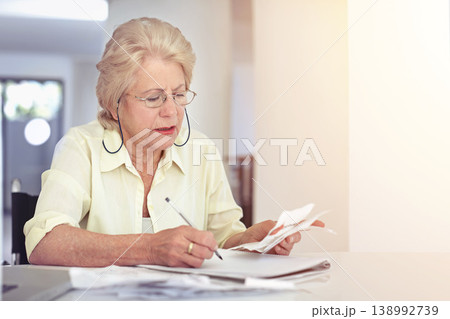 Senior woman, retirement or planning budget or tax paperwork, financial documents or receipt, investment or savings. Elderly person, confused or finance or debt, bills or pension management mockup Senior woman, retirement or planning budget or tax paperwork, financial documents or receipt, investment or savings. Elderly person, confused or finance or debt, bills or pension management mockup 138992739