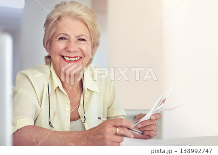 Portrait, smile and senior woman with a budget, home and planning for savings, insurance and pension. Face, mature female person or happy elderly lady with paperwork, writing and ideas for investment Portrait, smile and senior woman with a budget, home and planning for savings, insurance and pension. Face, mature female person or happy elderly lady with paperwork, writing and ideas for investment 138992747