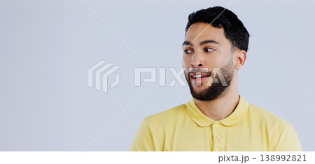 Solution, ideas and thinking with man, decision and questions on white studio background. Person, guy or model with doubt, banner or choice with problem solving, opportunity or emoji with information 138992821