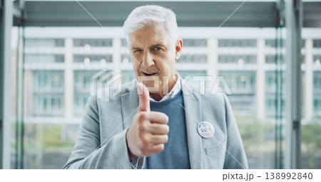 Senior man, thumbs up and politician for vote, thank you and feedback on choice, decision and politics. Mature person, wink and support in review, agreement and motivation to register for election Senior man, thumbs up and politician for vote, thank you and feedback on choice, decision and politics. Mature person, wink and support in review, agreement and motivation to register for election 138992840