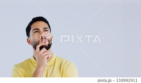 Man, space and thinking of ideas in studio for planning insight, future decision and inspiration on mockup white background. Curious indian model brainstorming solution, remember memory and questions Man, space and thinking of ideas in studio for planning insight, future decision and inspiration on mockup white background. Curious indian model brainstorming solution, remember memory and questions 138992911