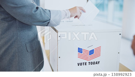 Hand, usa and president election or ballot paper document at poll station, government or choice. Man, fingers and opinion at booth for American campaign or democracy day change, patriotic or vote box Hand, usa and president election or ballot paper document at poll station, government or choice. Man, fingers and opinion at booth for American campaign or democracy day change, patriotic or vote box 138992923