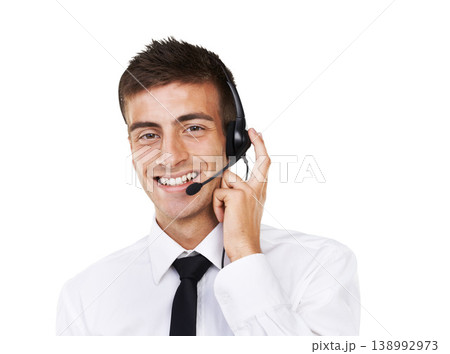 Call center, happy portrait or man in studio for customer support, CRM contact or advisory mockup space on white background. Telemarketing salesman, consultant or microphone to help with IT questions 138992973