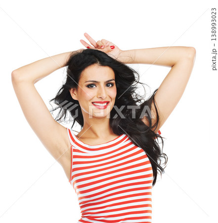 Woman, portrait and smile in studio with fashion, cool outfit or makeup on white background. Person, face and beauty with trendy style, pride and happy expression in summer with hairstyle or red lips Woman, portrait and smile in studio with fashion, cool outfit or makeup on white background. Person, face and beauty with trendy style, pride and happy expression in summer with hairstyle or red lips 138993023