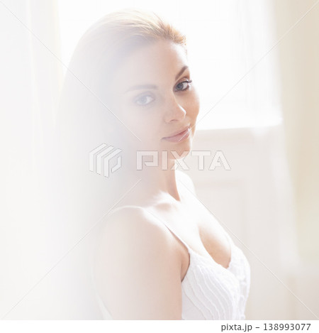 Woman, portrait and window with lingerie in home with confidence, clothes or start morning in room. Girl, trendy underwear and fashion in nighty at apartment, house or bedroom with style for peace Woman, portrait and window with lingerie in home with confidence, clothes or start morning in room. Girl, trendy underwear and fashion in nighty at apartment, house or bedroom with style for peace 138993077