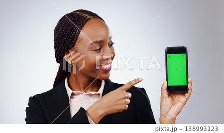Business woman, phone green screen and mockup for presentation, marketing or sign up information in studio. Professional african worker on mobile app for job news or opportunity on a white background Business woman, phone green screen and mockup for presentation, marketing or sign up information in studio. Professional african worker on mobile app for job news or opportunity on a white background 138993123