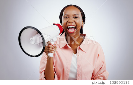 Woman, megaphone and voice for announcement, broadcast or news of sale or discount on white background. Happy portrait of african person with call to action, attention and noise for winner in studio Woman, megaphone and voice for announcement, broadcast or news of sale or discount on white background. Happy portrait of african person with call to action, attention and noise for winner in studio 138993152