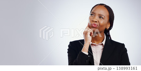 Business woman, thinking and confused for marketing solution, decision and planning in studio mockup or banner. African worker search for inspiration, doubt and problem solving on a white background Business woman, thinking and confused for marketing solution, decision and planning in studio mockup or banner. African worker search for inspiration, doubt and problem solving on a white background 138993161