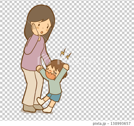 [Explanation: Anxious Attachment Style] A child approaches their mother angrily and crying. Illustrated explanation of the ambivalent and secure attachment styles. 138993657