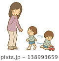 【解説：混乱型】母親とおもちゃの間で混乱する子ども　愛着スタイル・不安定な行動のイラスト　児童福祉・ 138993659