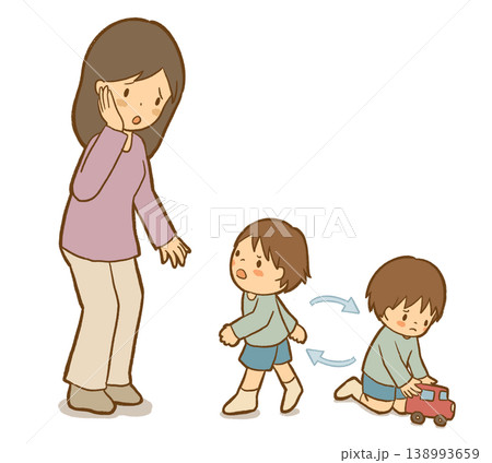 【解説：混乱型】母親とおもちゃの間で混乱する子ども　愛着スタイル・不安定な行動のイラスト　児童福祉・ 138993659