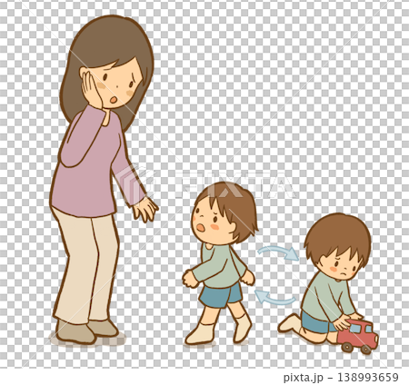 【解説：混乱型】母親とおもちゃの間で混乱する子ども　愛着スタイル・不安定な行動のイラスト　児童福祉・ 138993659