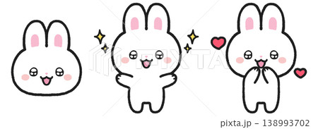 キラキラとした目で嬉しそうな白うさぎのイラストセット キラキラとした目で嬉しそうな白うさぎのイラストセット 138993702