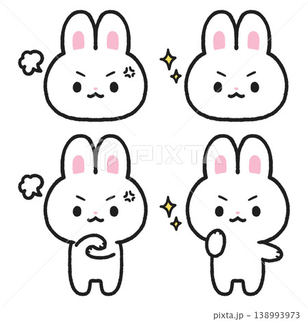 怒っている、やる気のある表情の白うさぎのイラストセット	 138993973