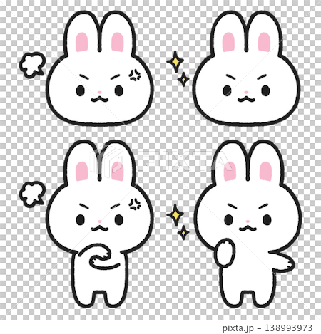 一組描繪一隻表情憤怒而堅定的白兔的插圖。 138993973