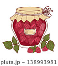 Rustic Glass Jar Of Red Raspberry Jam. Natural Preserve With Craft Paper Lid and Blank Label, Berries and Leaves. Summer Fruit Vitamin Harvest. Homemade Grandma's recipe. Vector Illustration. 138993981