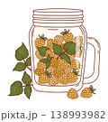 Fresh Yellow Raspberry in Glass Mason Jar. Raw Golden Berries, Green Leaves In Transparent Mug With Handle. Healthy Summer Fruit Snack. Vector Illustration. Isolated Eco Harvest on White Background. 138993982