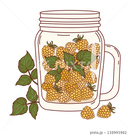 Fresh Yellow Raspberry in Glass Mason Jar. Raw Golden Berries, Green Leaves In Transparent Mug With Handle. Healthy Summer Fruit Snack. Vector Illustration. Isolated Eco Harvest on White Background. 138993982