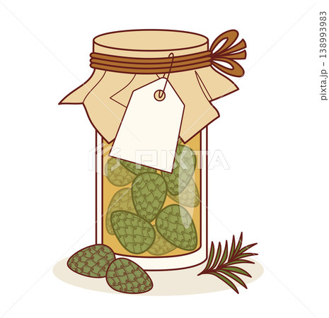 Young Green Pine Cones In Golden Syrup. Glass Jar With Coniferous Elixir And Blank White Craft Tag For Text. Vector Illustration. Homemade Natural Ecological Food, Preserve. 138993983