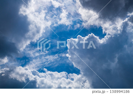 A sky with heavy, dramatic rain clouds as elements of the tropospheric climate system. Natural elements of air and water mass movement. 138994186