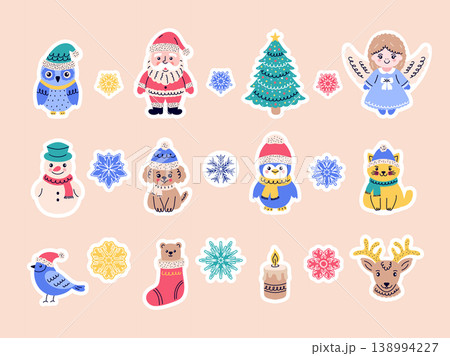 Set of cute Christmas stickers, including Santa, a snowman, animals, and snowflakes. 138994227