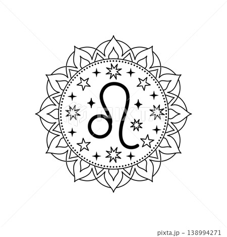 Leo zodiac sign in line art style with mandala frame. Handdrawn celestial symbol illustration. Leo zodiac sign in line art style with mandala frame. Handdrawn celestial symbol illustration. 138994271