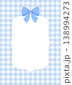 Blue gingham frame with empty space and bow. Checkered card template for baby shower and birthday. 138994273