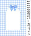 Blue arch frame with a bow on a gingham background. Vertical checkered template for baby shower or birthday. 138994285