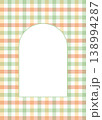 Pastel arch frame on green and peach gingham background. Vertical checkered template for spring invitations. 138994287