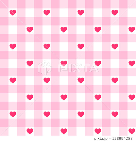 Seamless pink gingham pattern with hearts. Romantic checkered vector background. 138994288
