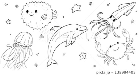 Cute sea animals set for coloring book hand drawn underwater creatures collection with dolphin jellyfish and crab black and white line art raster illustration Cute sea animals set for coloring book hand drawn underwater creatures collection with dolphin jellyfish and crab black and white line art raster illustration 138994405