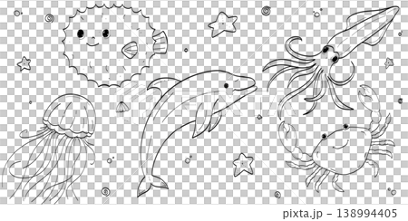 Cute sea animals set for coloring book hand drawn underwater creatures collection with dolphin jellyfish and crab black and white line art raster illustration Cute sea animals set for coloring book hand drawn underwater creatures collection with dolphin jellyfish and crab black and white line art raster illustration 138994405