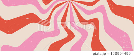 Swirl groovy Starburst. Psychedelic banner with wavy stripes. Grunge abstract background. Vintage Vector pattern 138994499