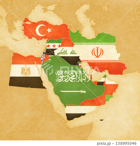Ocher map of Middle East - Flags of all countries 138995046
